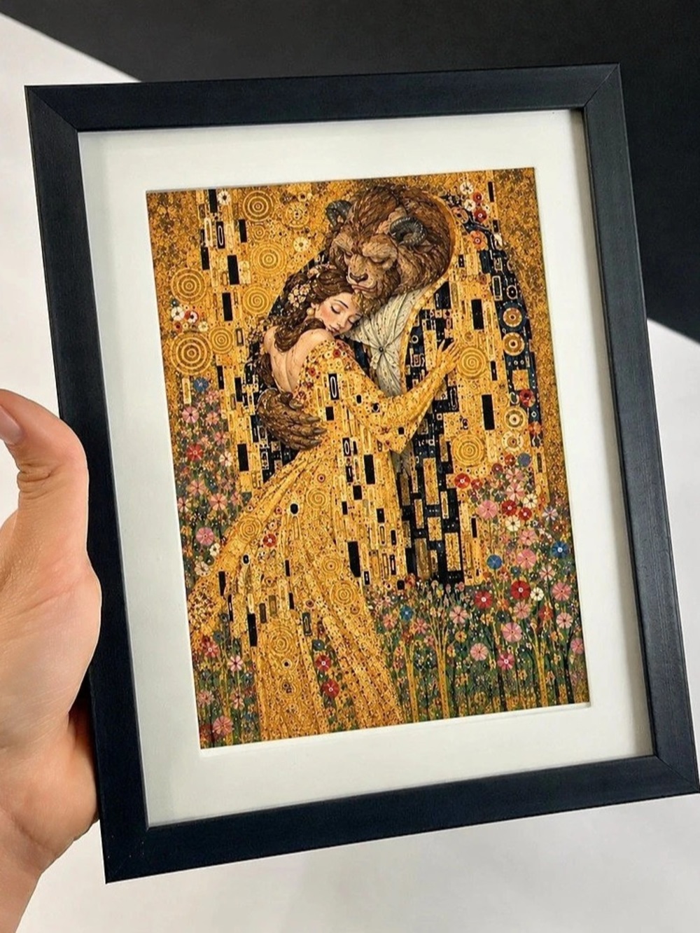 Framed Beauty and the Beast Klimt-Style Art Print 7”x10”